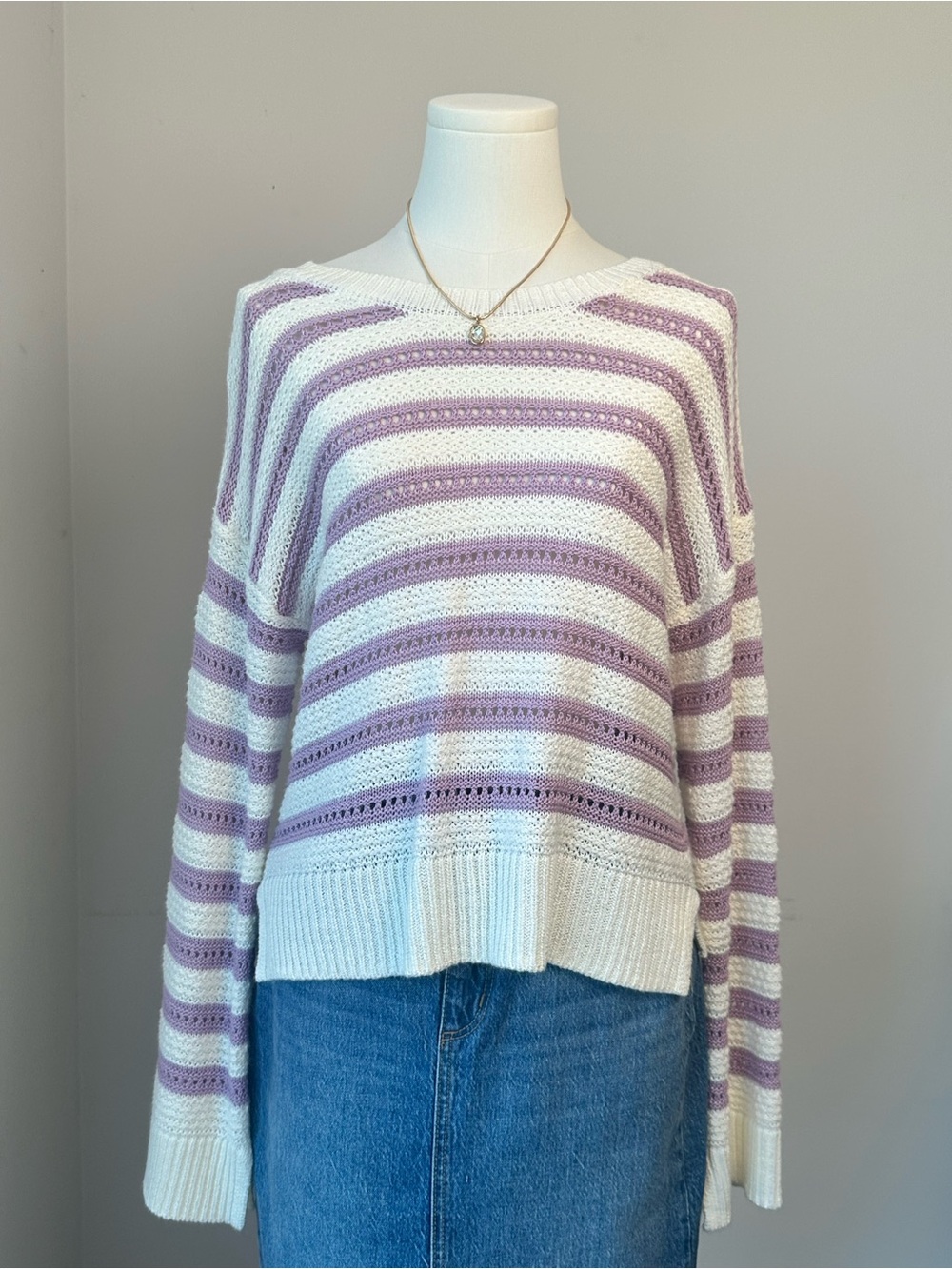 Striped Lilac and White Open-Knit Crewneck Sweater with Bell Sleeves
